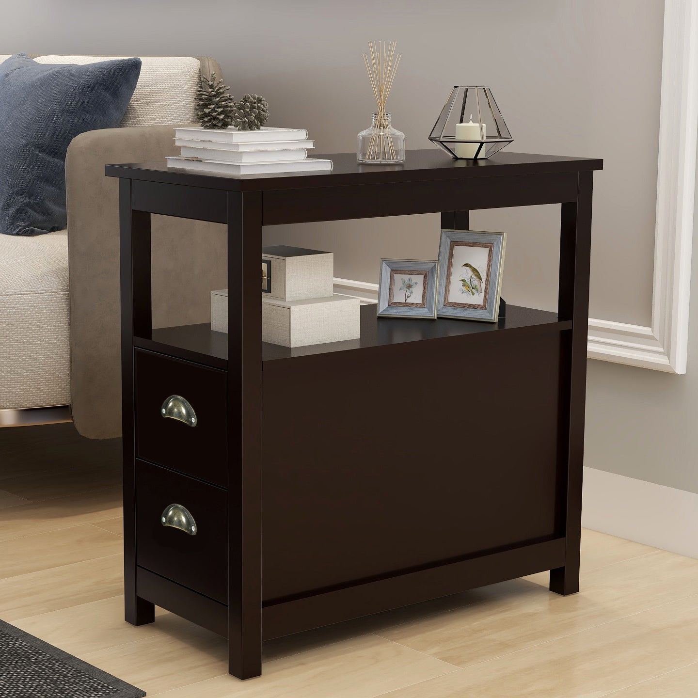 End Table Narrow Nightstand With Two Drawers And Open Shelf - DREAM YOUR HOUSE