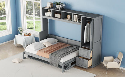 Full Size Murphy Bed Wall Bed with Closet and Drawers,Gray - DREAM YOUR HOUSE