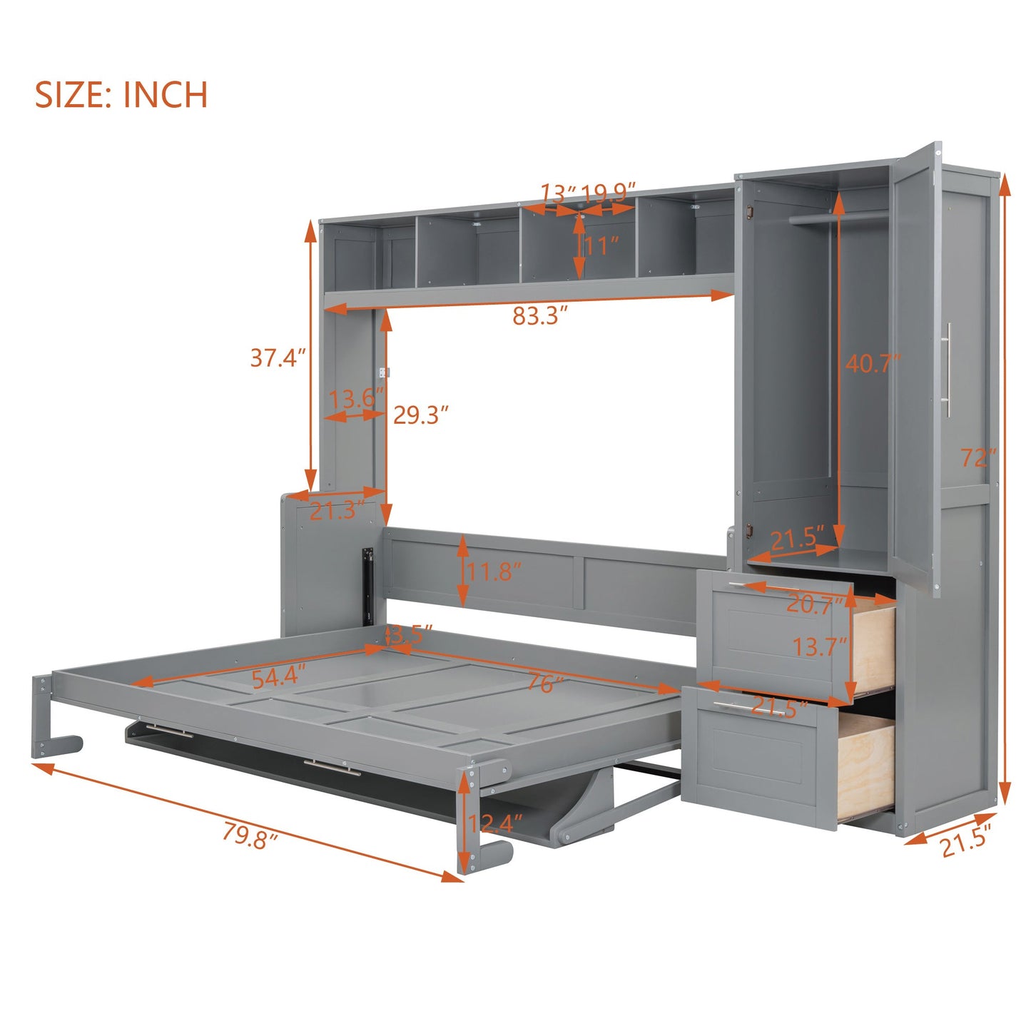 Full Size Murphy Bed Wall Bed with Closet and Drawers,Gray - DREAM YOUR HOUSE