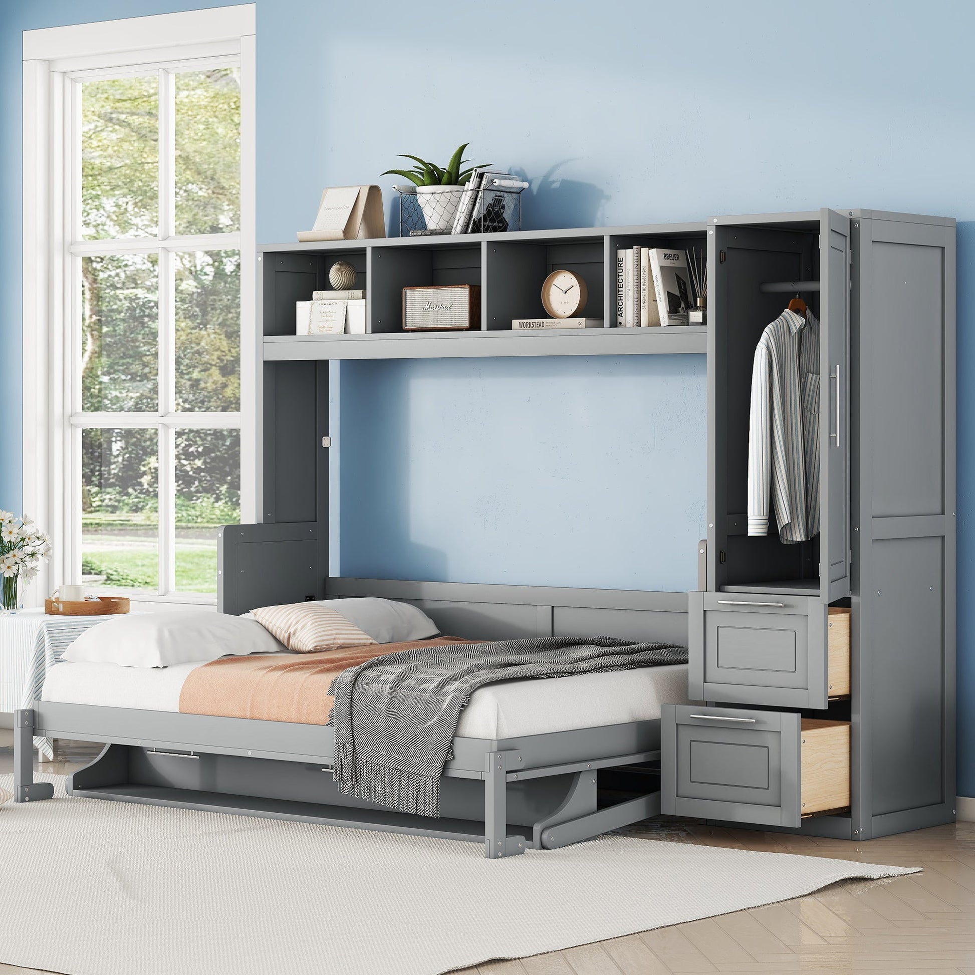 Full Size Murphy Bed Wall Bed with Closet and Drawers,Gray - DREAM YOUR HOUSE