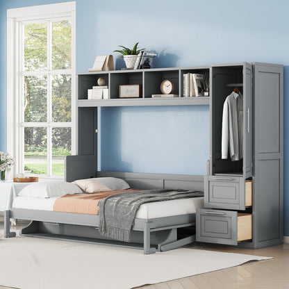 Full Size Murphy Bed Wall Bed with Closet and Drawers,Gray - DREAM YOUR HOUSE