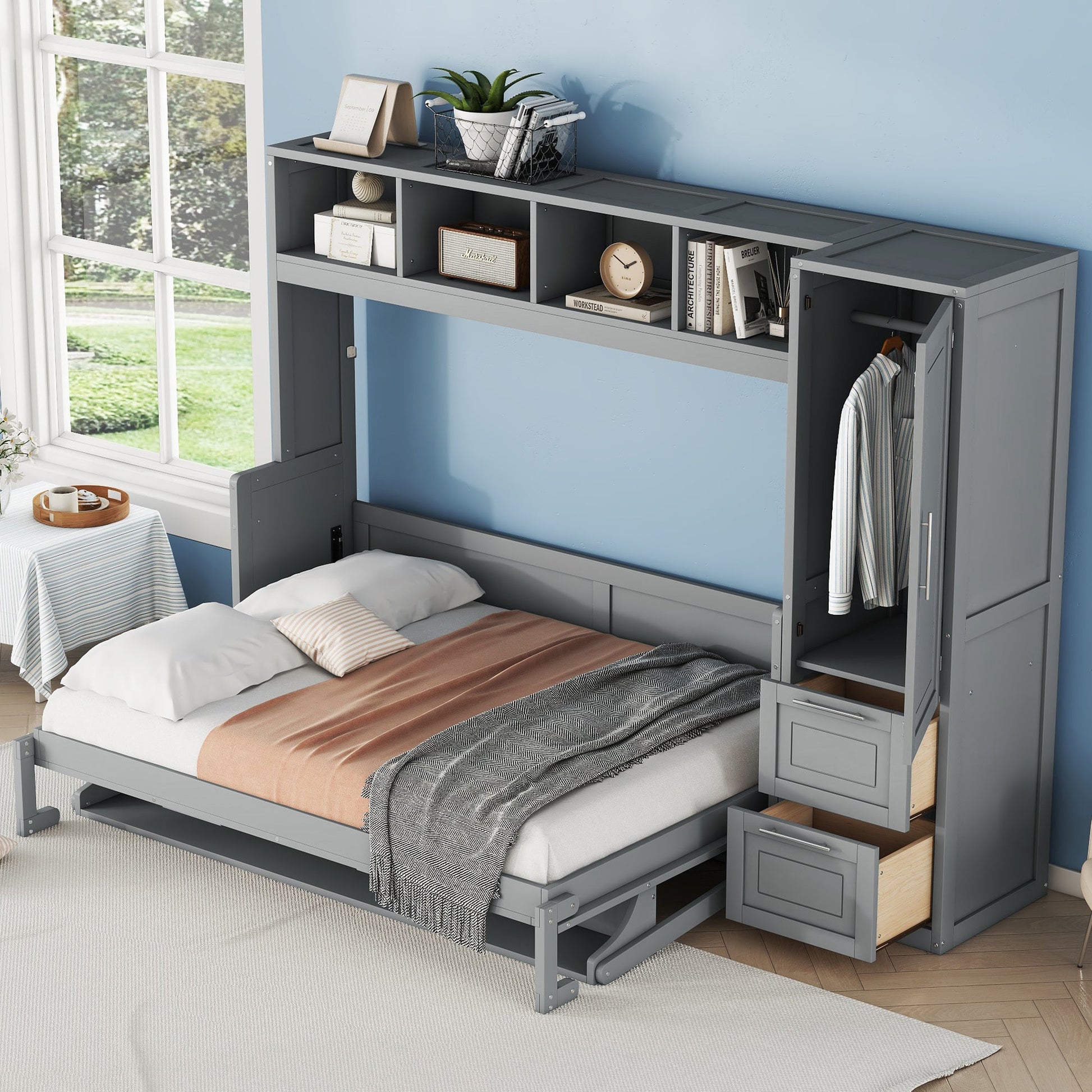 Full Size Murphy Bed Wall Bed with Closet and Drawers,Gray - DREAM YOUR HOUSE