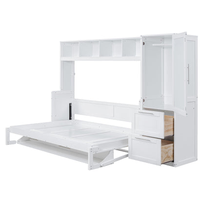 Full Size Murphy Bed Wall Bed with Closet and Drawers,White - DREAM YOUR HOUSE