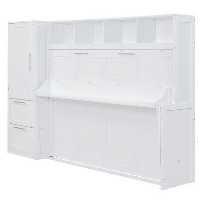 Full Size Murphy Bed Wall Bed with Closet and Drawers,White - DREAM YOUR HOUSE