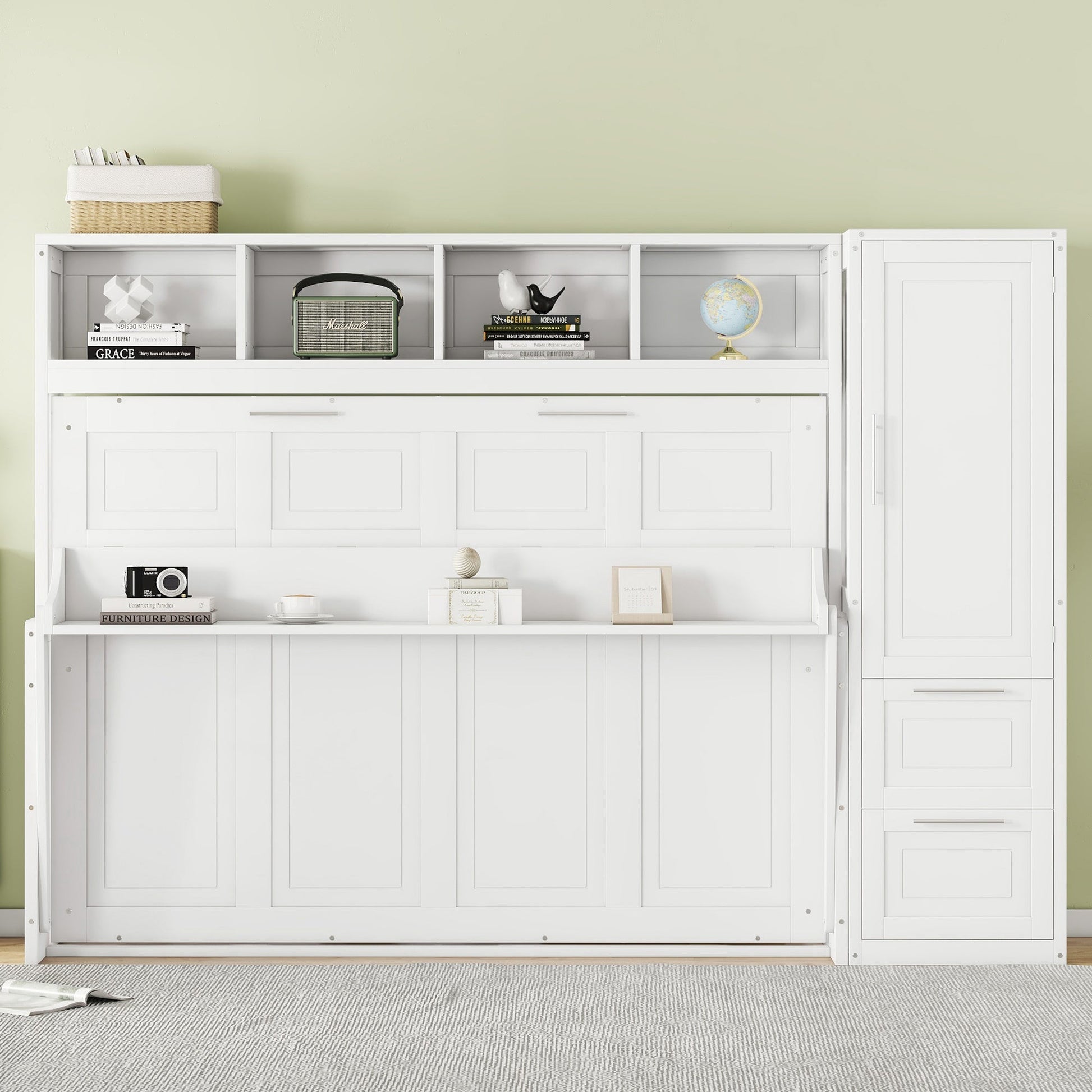 Full Size Murphy Bed Wall Bed with Closet and Drawers,White - DREAM YOUR HOUSE