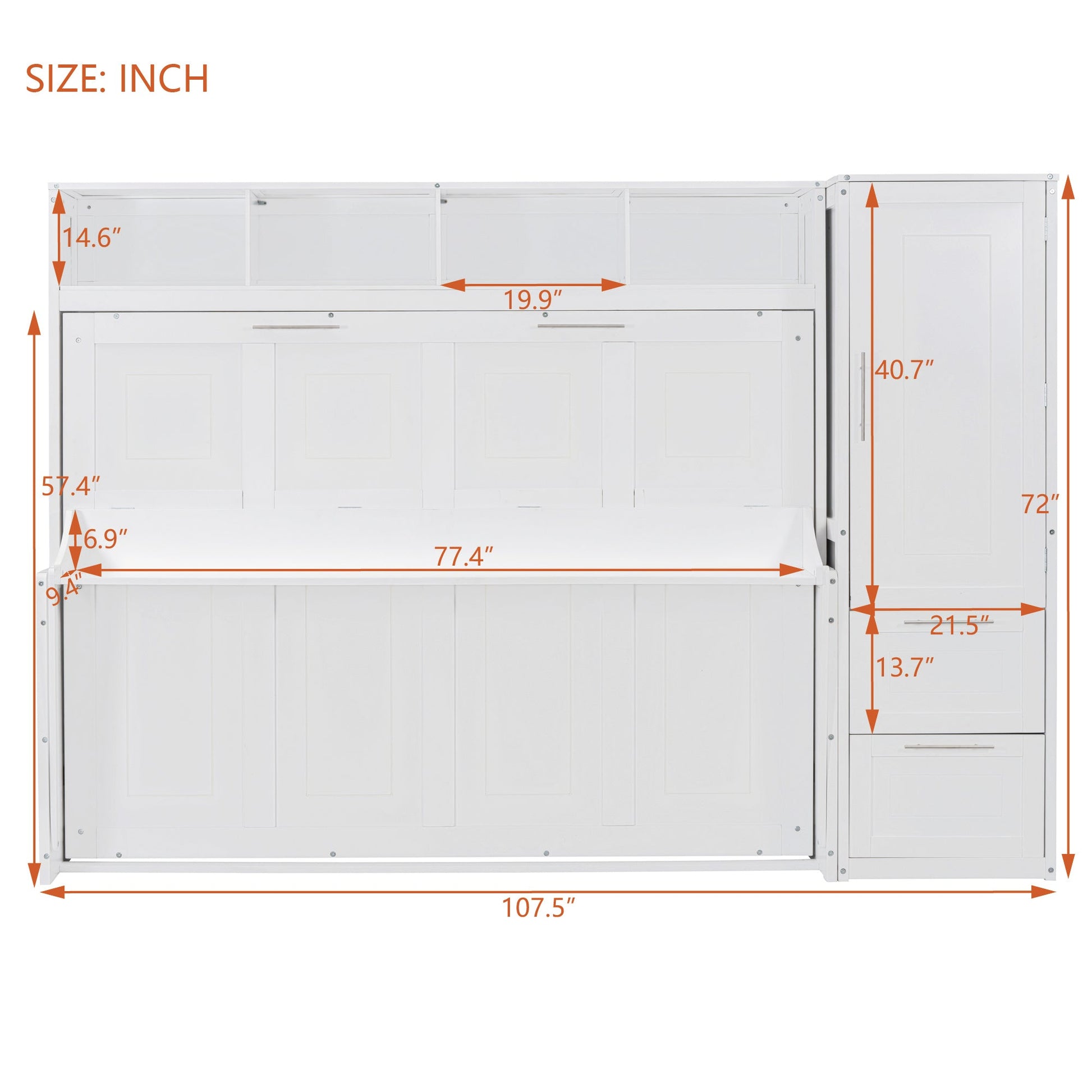 Full Size Murphy Bed Wall Bed with Closet and Drawers,White - DREAM YOUR HOUSE