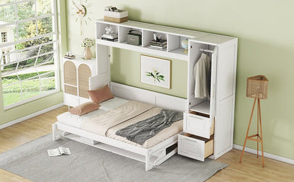 Full Size Murphy Bed Wall Bed with Closet and Drawers,White - DREAM YOUR HOUSE