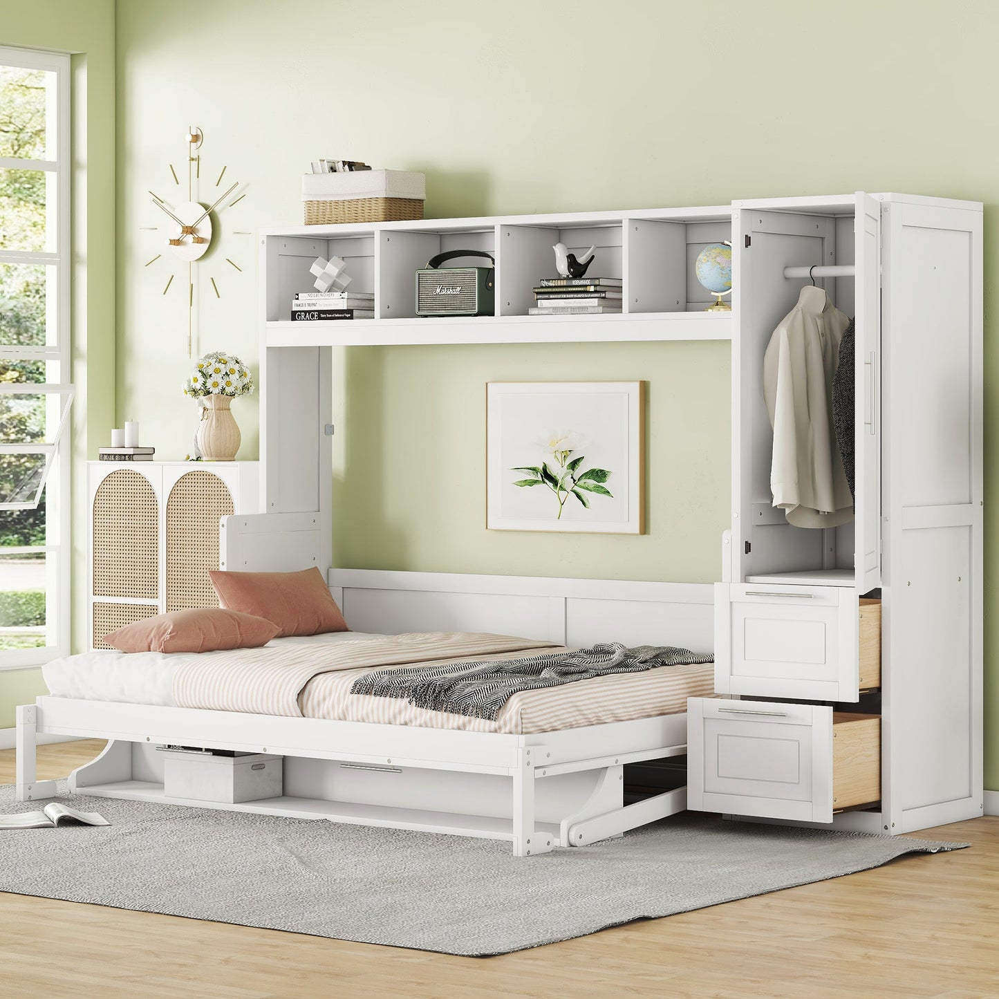 Full Size Murphy Bed Wall Bed with Closet and Drawers,White - DREAM YOUR HOUSE