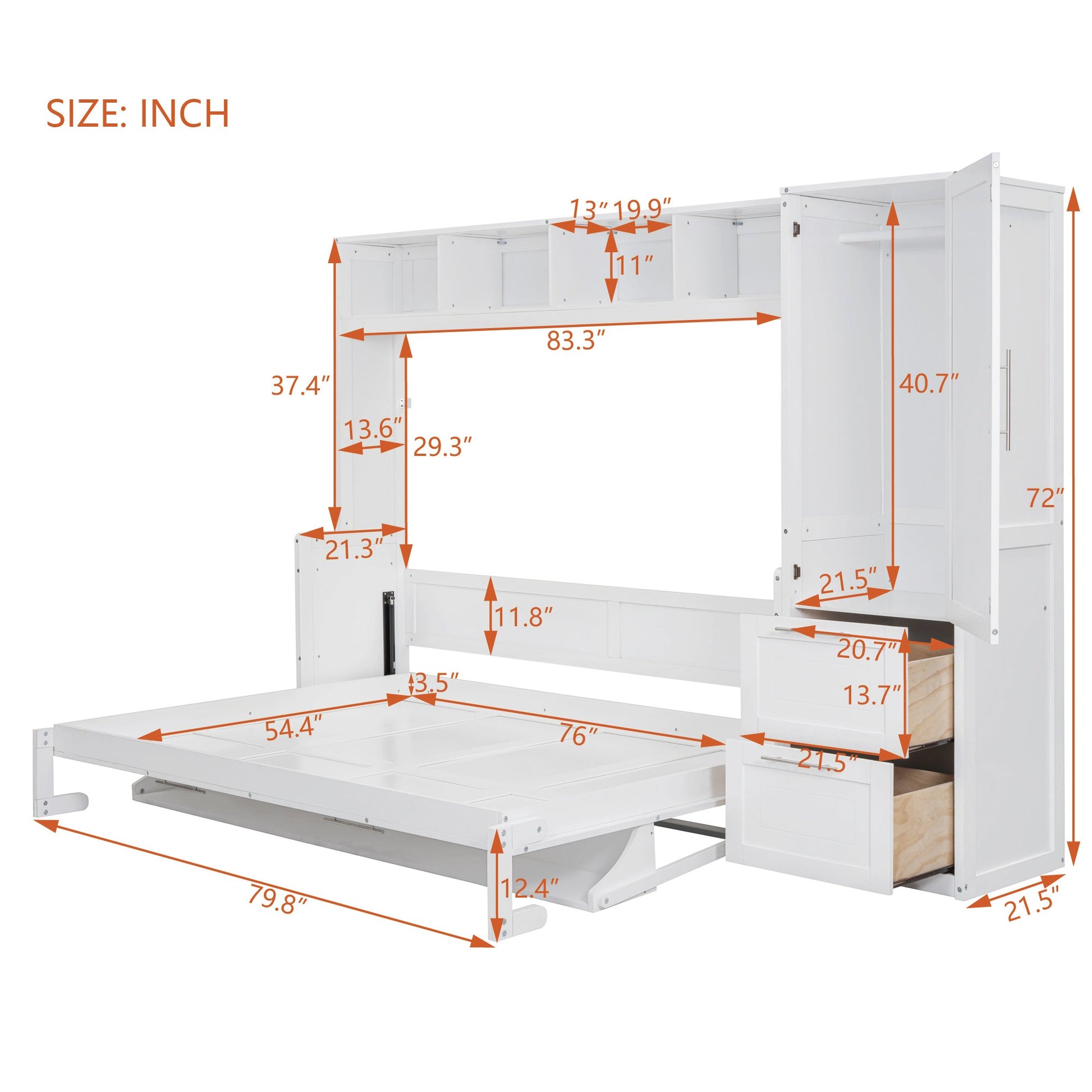 Full Size Murphy Bed Wall Bed with Closet and Drawers,White - DREAM YOUR HOUSE