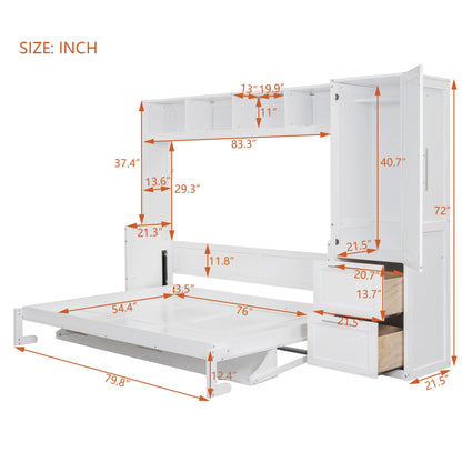 Full Size Murphy Bed Wall Bed with Closet and Drawers,White - DREAM YOUR HOUSE