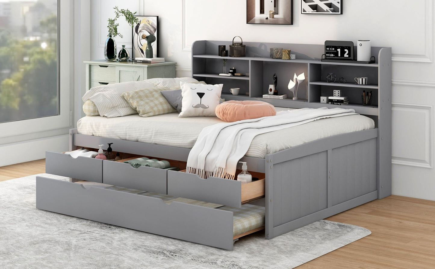 Full Size Wooden Captain Bed with Built - in Bookshelves,Three Storage Drawers and Trundle,Light Grey(Old SKU:GX001029AAE) - DREAM YOUR HOUSE