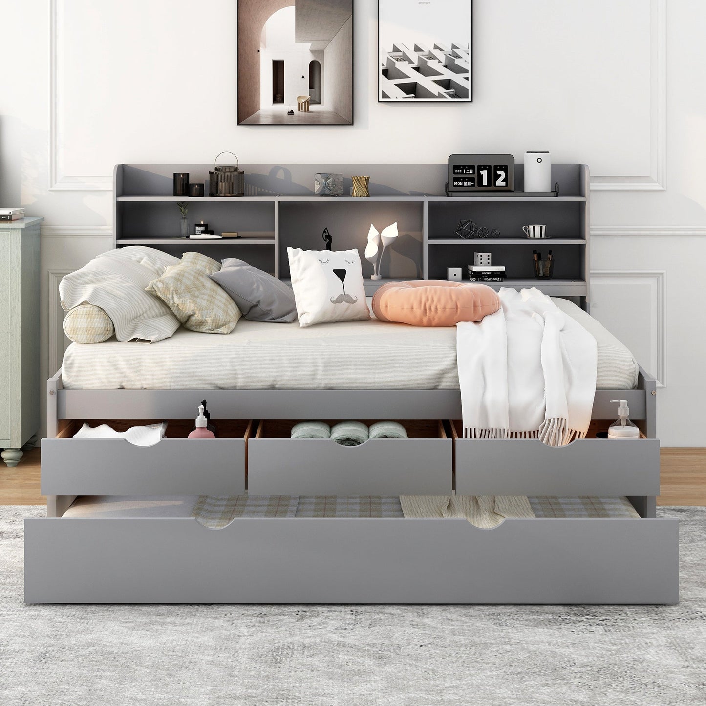 Full Size Wooden Captain Bed with Built - in Bookshelves,Three Storage Drawers and Trundle,Light Grey(Old SKU:GX001029AAE) - DREAM YOUR HOUSE