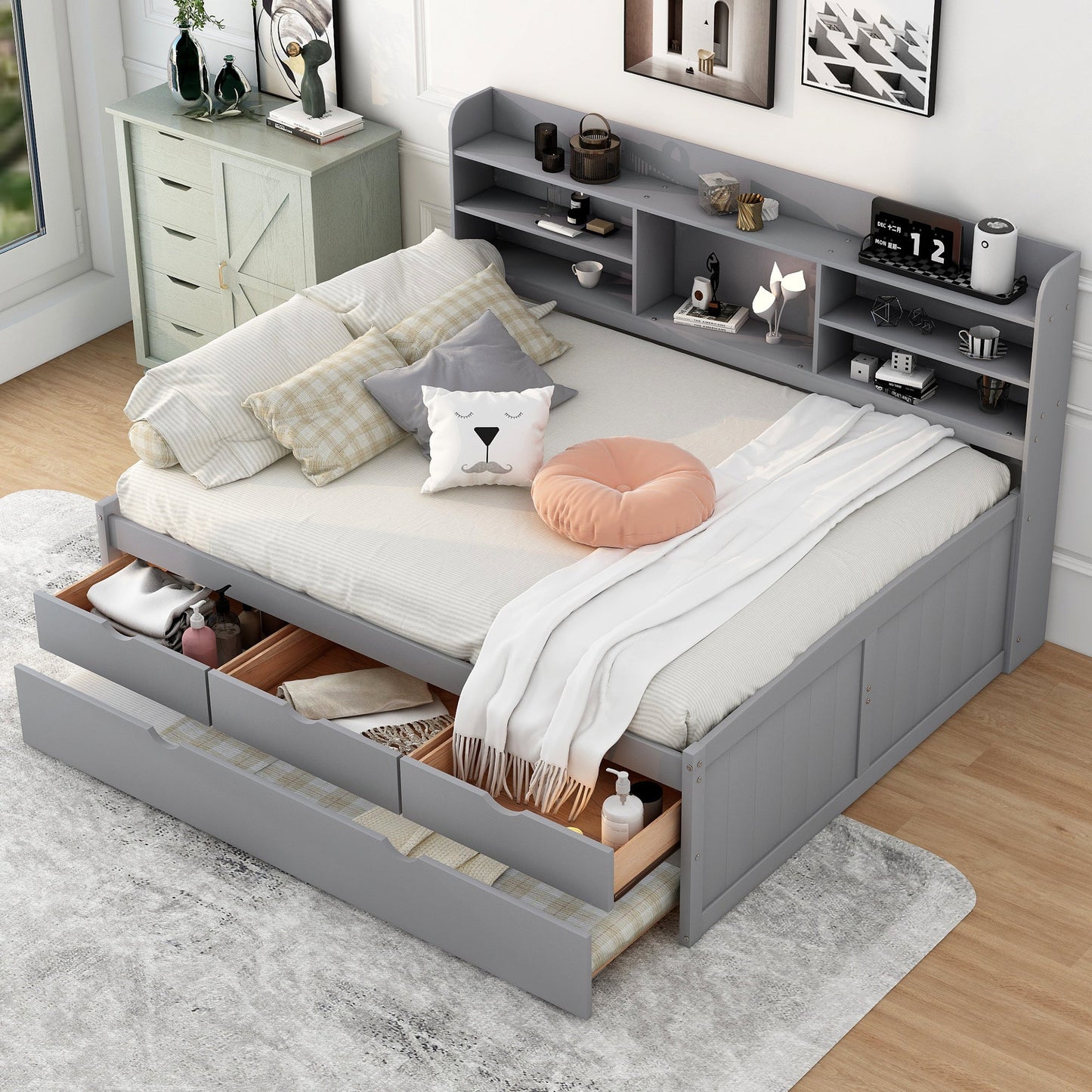 Full Size Wooden Captain Bed with Built - in Bookshelves,Three Storage Drawers and Trundle,Light Grey(Old SKU:GX001029AAE) - DREAM YOUR HOUSE