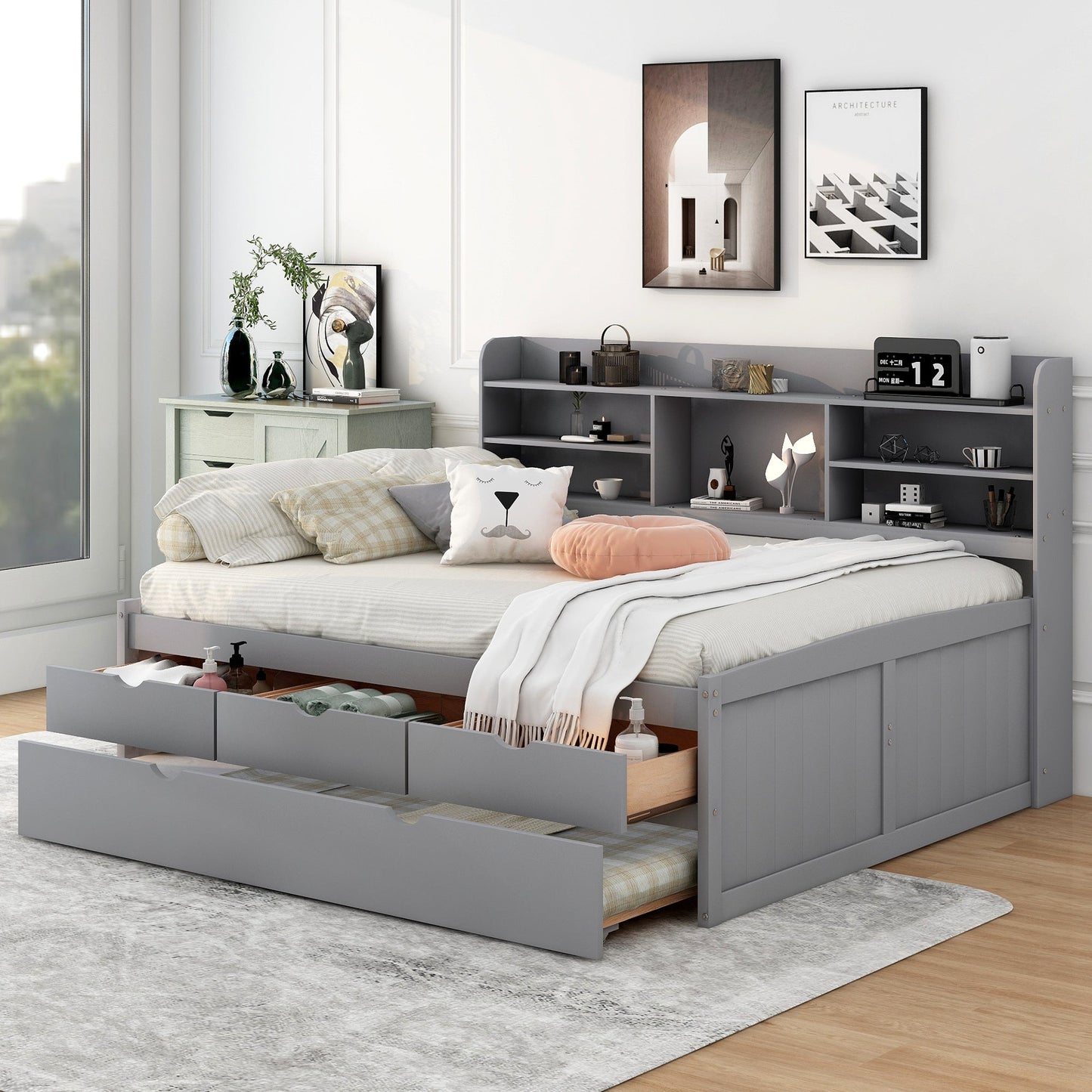 Full Size Wooden Captain Bed with Built - in Bookshelves,Three Storage Drawers and Trundle,Light Grey(Old SKU:GX001029AAE) - DREAM YOUR HOUSE