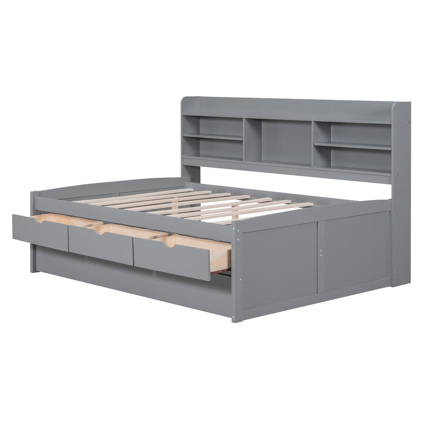 Full Size Wooden Captain Bed with Built - in Bookshelves,Three Storage Drawers and Trundle,Light Grey(Old SKU:GX001029AAE) - DREAM YOUR HOUSE