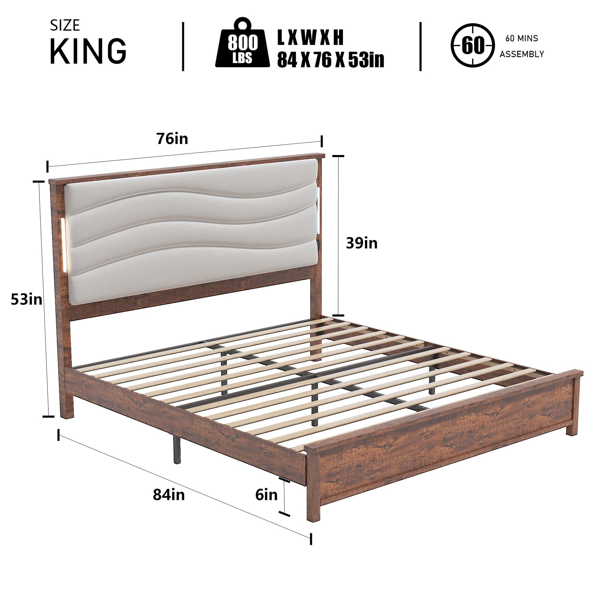 King Size Bed Frame with Upholstered Headboard, King Bed Frame with Charging Station and LED Lights, Wood Slats, Dark Gray Linen, No Box Spring Needed, Easy Assembly - DREAM YOUR HOUSE