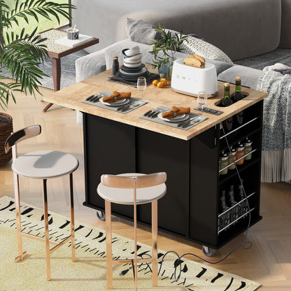 Kitchen Island with Power Outlet,Kitchen Storage Island with Drop Leaf and Rubber Wood,Open Storage and Wine Rack,5 Wheels,with Adjustable Storage for Home, Kitchen, and Dining Room, Black - DREAM YOUR HOUSE