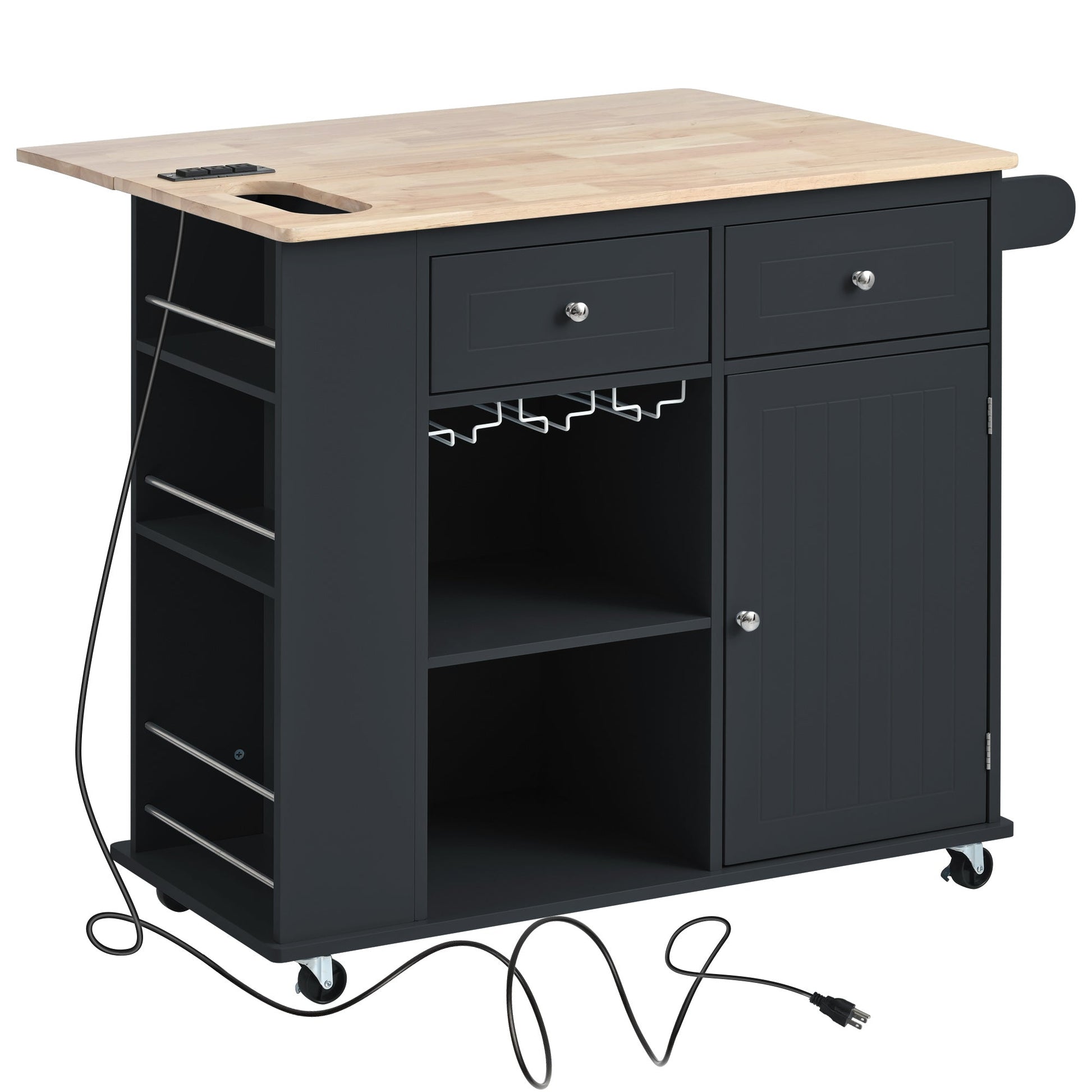 Kitchen Island with Power Outlet,Kitchen Storage Island with Drop Leaf and Rubber Wood,Open Storage and Wine Rack,5 Wheels,with Adjustable Storage for Home, Kitchen, and Dining Room, Black - DREAM YOUR HOUSE