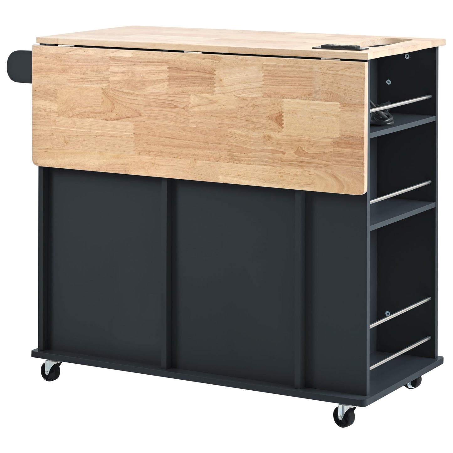 Kitchen Island with Power Outlet,Kitchen Storage Island with Drop Leaf and Rubber Wood,Open Storage and Wine Rack,5 Wheels,with Adjustable Storage for Home, Kitchen, and Dining Room, Black - DREAM YOUR HOUSE