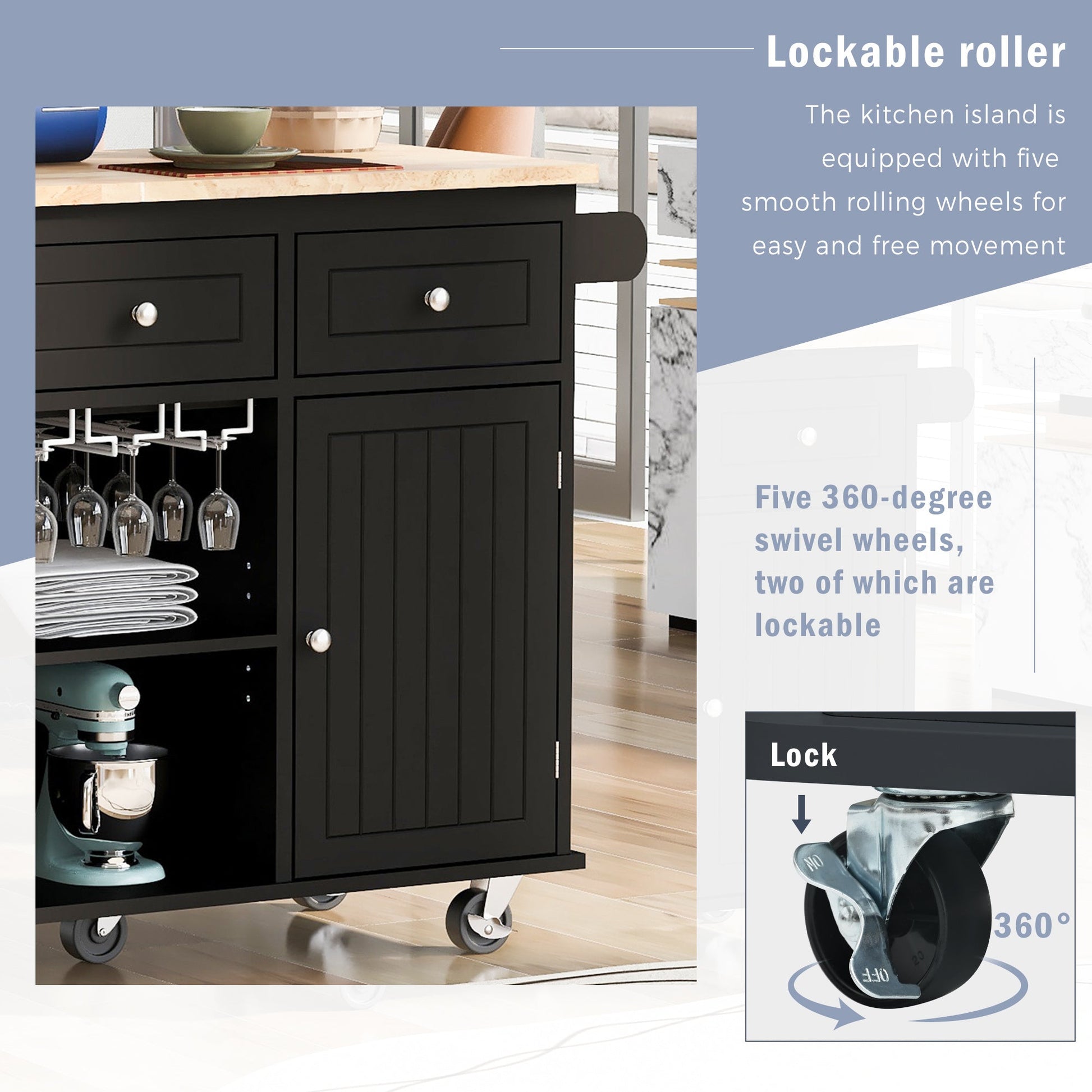 Kitchen Island with Power Outlet,Kitchen Storage Island with Drop Leaf and Rubber Wood,Open Storage and Wine Rack,5 Wheels,with Adjustable Storage for Home, Kitchen, and Dining Room, Black - DREAM YOUR HOUSE