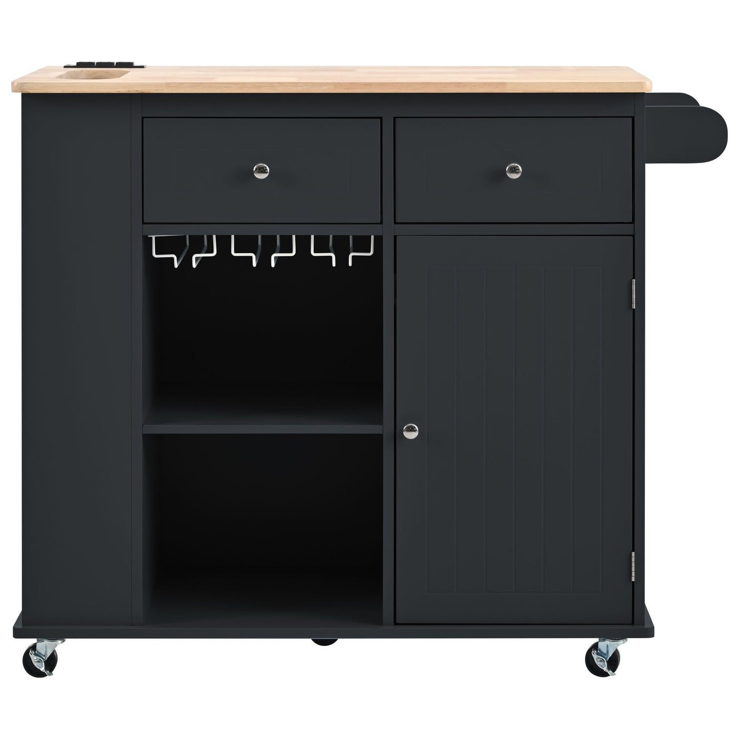 Kitchen Island with Power Outlet,Kitchen Storage Island with Drop Leaf and Rubber Wood,Open Storage and Wine Rack,5 Wheels,with Adjustable Storage for Home, Kitchen, and Dining Room, Black - DREAM YOUR HOUSE