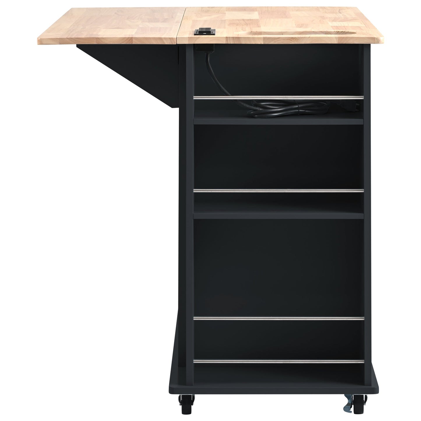 Kitchen Island with Power Outlet,Kitchen Storage Island with Drop Leaf and Rubber Wood,Open Storage and Wine Rack,5 Wheels,with Adjustable Storage for Home, Kitchen, and Dining Room, Black - DREAM YOUR HOUSE