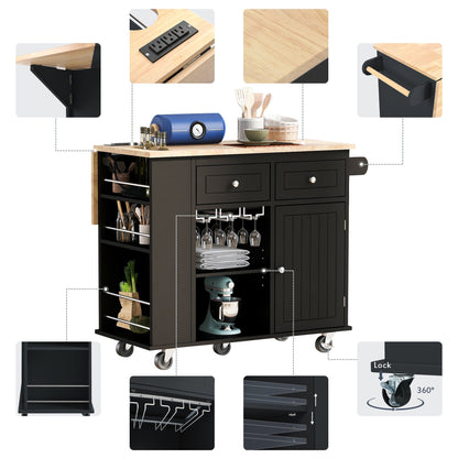 Kitchen Island with Power Outlet,Kitchen Storage Island with Drop Leaf and Rubber Wood,Open Storage and Wine Rack,5 Wheels,with Adjustable Storage for Home, Kitchen, and Dining Room, Black - DREAM YOUR HOUSE