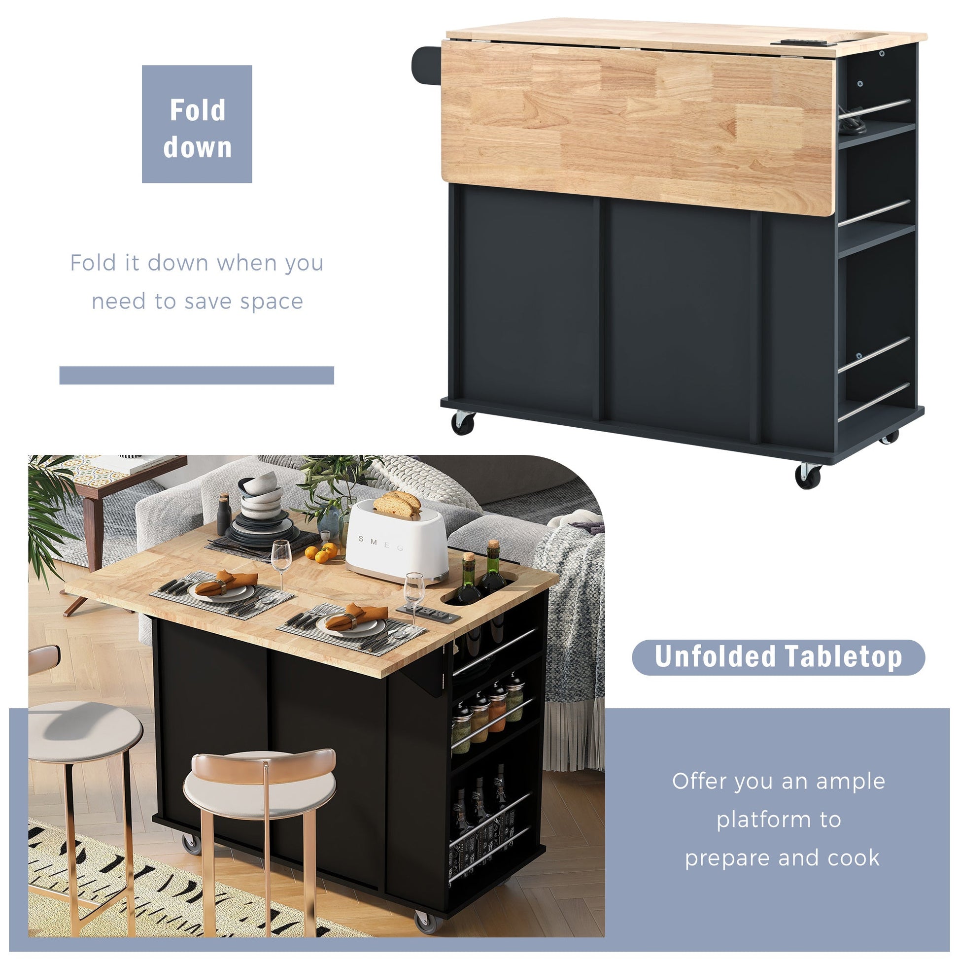 Kitchen Island with Power Outlet,Kitchen Storage Island with Drop Leaf and Rubber Wood,Open Storage and Wine Rack,5 Wheels,with Adjustable Storage for Home, Kitchen, and Dining Room, Black - DREAM YOUR HOUSE