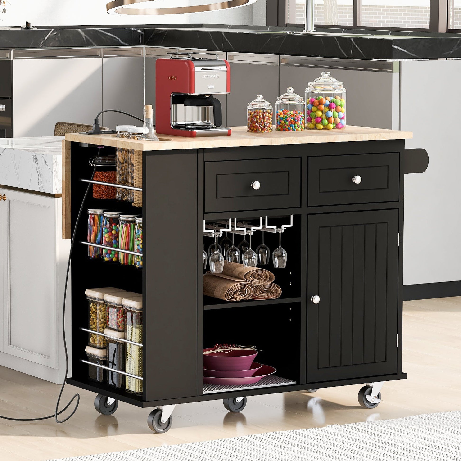 Kitchen Island with Power Outlet,Kitchen Storage Island with Drop Leaf and Rubber Wood,Open Storage and Wine Rack,5 Wheels,with Adjustable Storage for Home, Kitchen, and Dining Room, Black - DREAM YOUR HOUSE