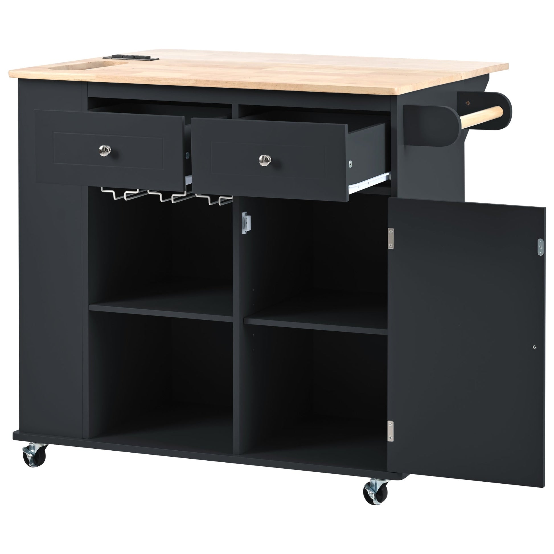 Kitchen Island with Power Outlet,Kitchen Storage Island with Drop Leaf and Rubber Wood,Open Storage and Wine Rack,5 Wheels,with Adjustable Storage for Home, Kitchen, and Dining Room, Black - DREAM YOUR HOUSE