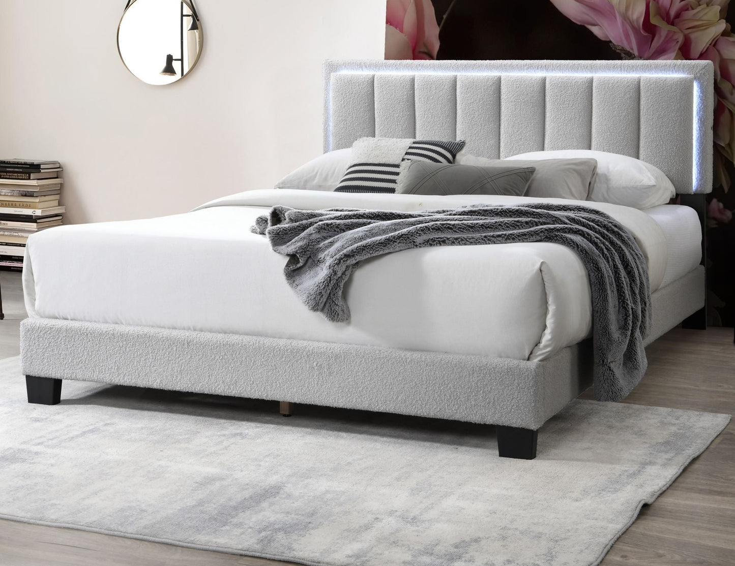 Light Gray Wool Fabric 1pc Queen Size Bed Channel Tufting w LED Full Upholstered Bedframe Bedroom Bed - DREAM YOUR HOUSE