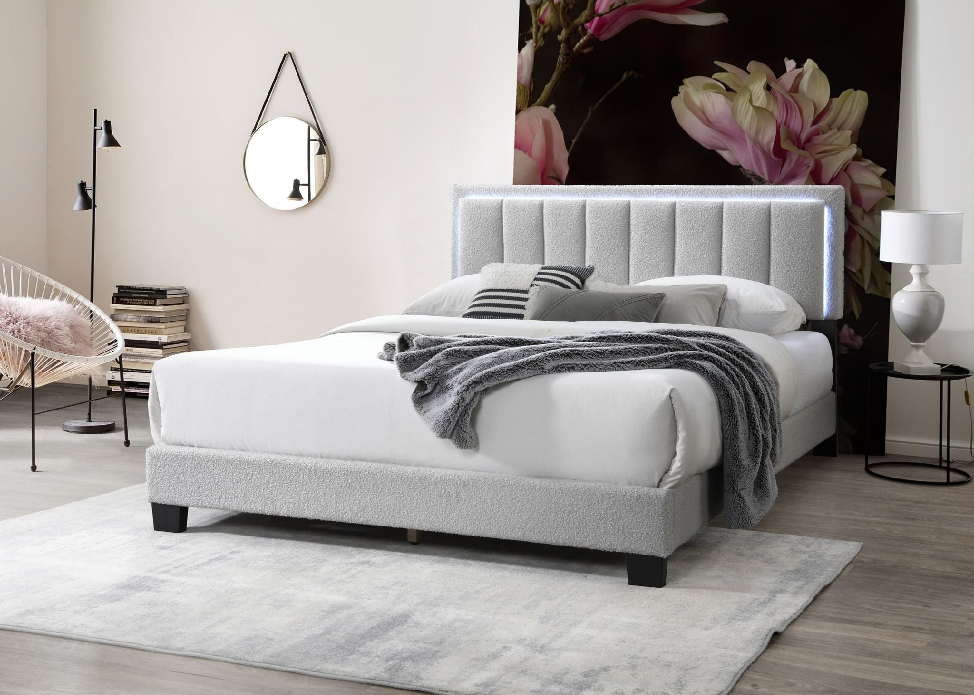 Light Gray Wool Fabric 1pc Queen Size Bed Channel Tufting w LED Full Upholstered Bedframe Bedroom Bed - DREAM YOUR HOUSE