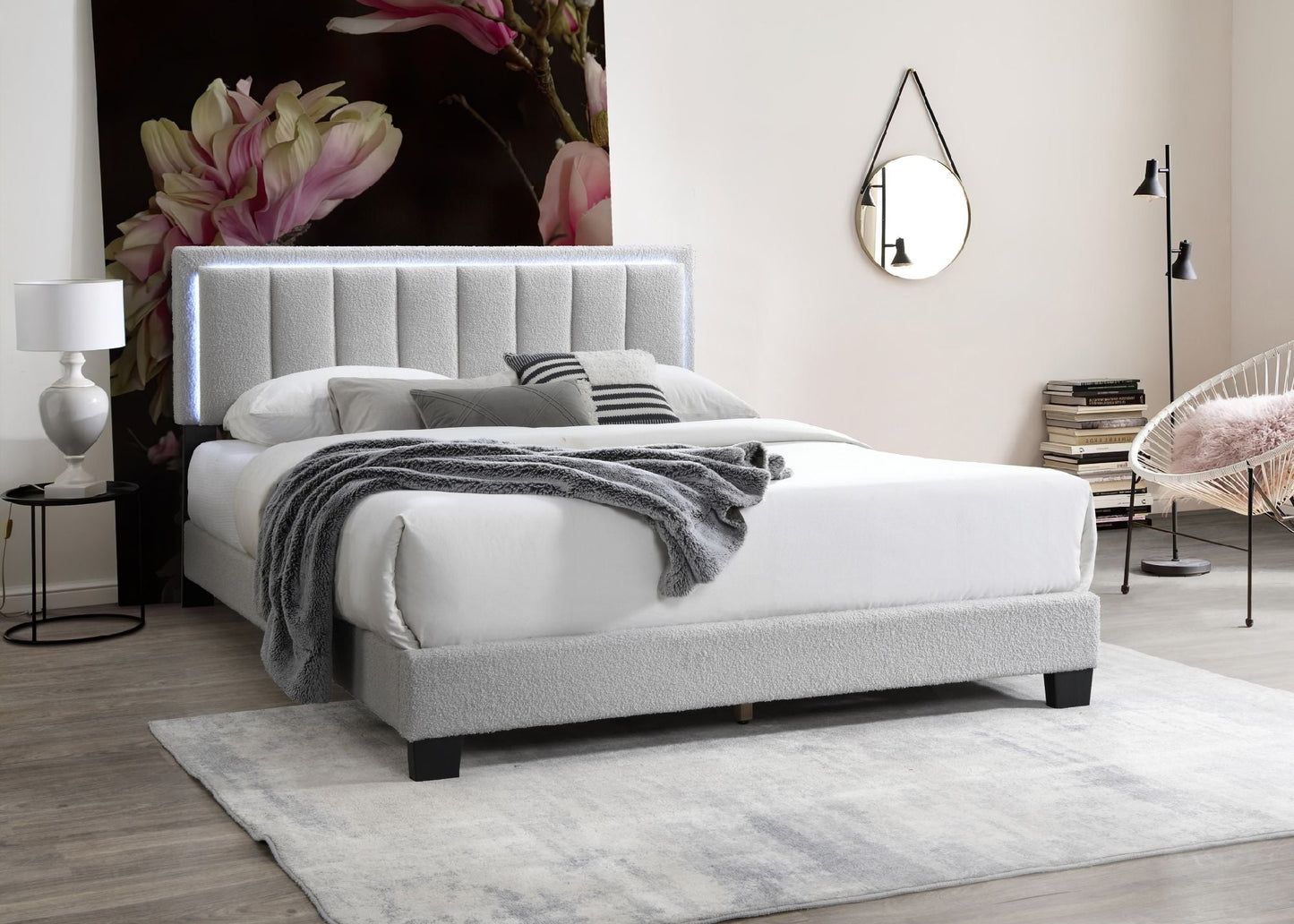 Light Gray Wool Fabric 1pc Queen Size Bed Channel Tufting w LED Full Upholstered Bedframe Bedroom Bed - DREAM YOUR HOUSE