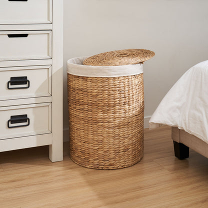 Ludmilla Round Tall Water Hyacinth Woven Wicker Laundry Hamper with Lid - For Clothes, Canvas, Toys and Book Storage with Removable Liner - 15" x 15" x 20" - Natural Brown - DREAM YOUR HOUSE