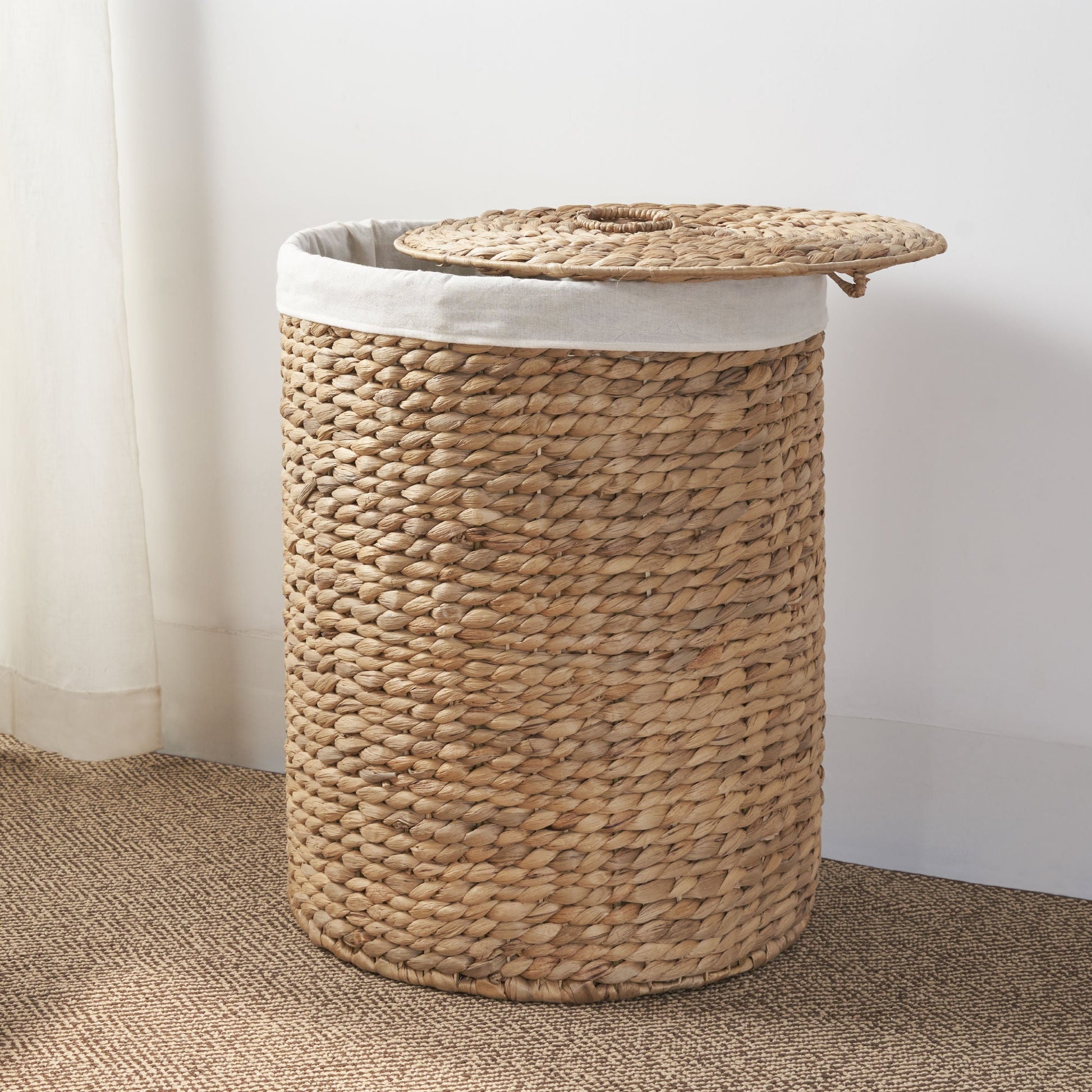 Ludmilla Round Tall Water Hyacinth Woven Wicker Laundry Hamper with Lid - For Clothes, Canvas, Toys and Book Storage with Removable Liner - 15" x 15" x 20" - Natural Brown - DREAM YOUR HOUSE