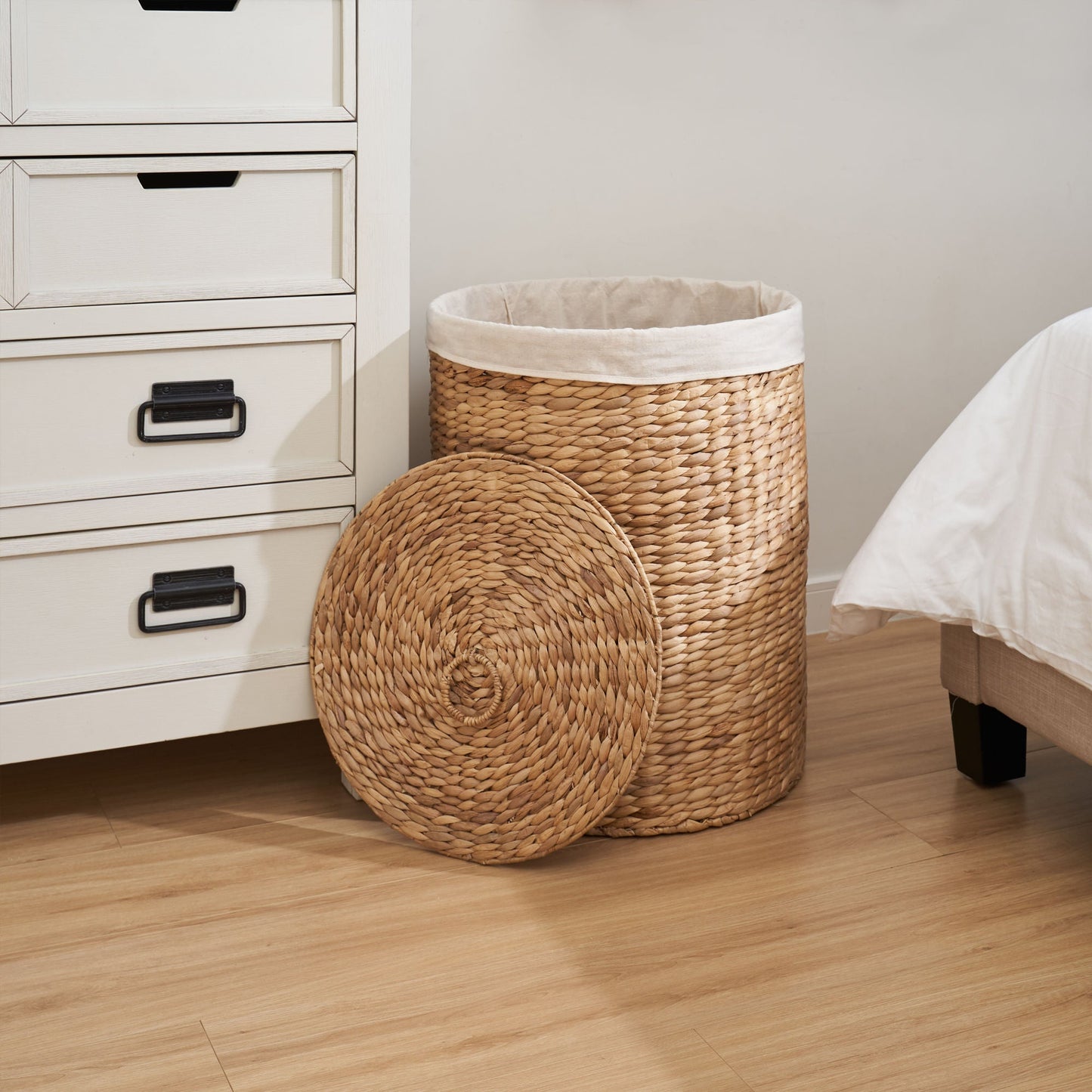 Ludmilla Round Tall Water Hyacinth Woven Wicker Laundry Hamper with Lid - For Clothes, Canvas, Toys and Book Storage with Removable Liner - 15" x 15" x 20" - Natural Brown - DREAM YOUR HOUSE