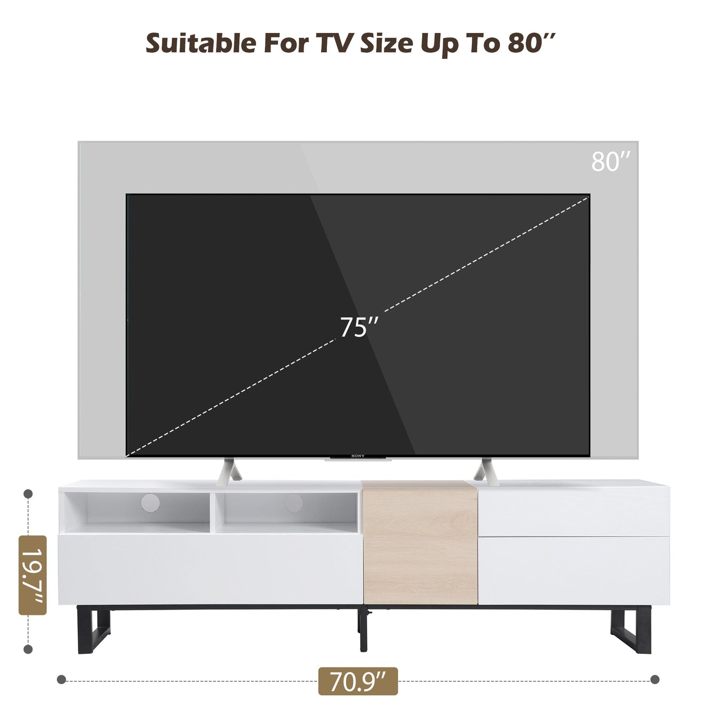 Modern TV Stand for 80'' TV with Double Storage Space, Media Console Table, Entertainment Center with Drop Down Door for Living Room, Bedroom, Home Theatre - DREAM YOUR HOUSE