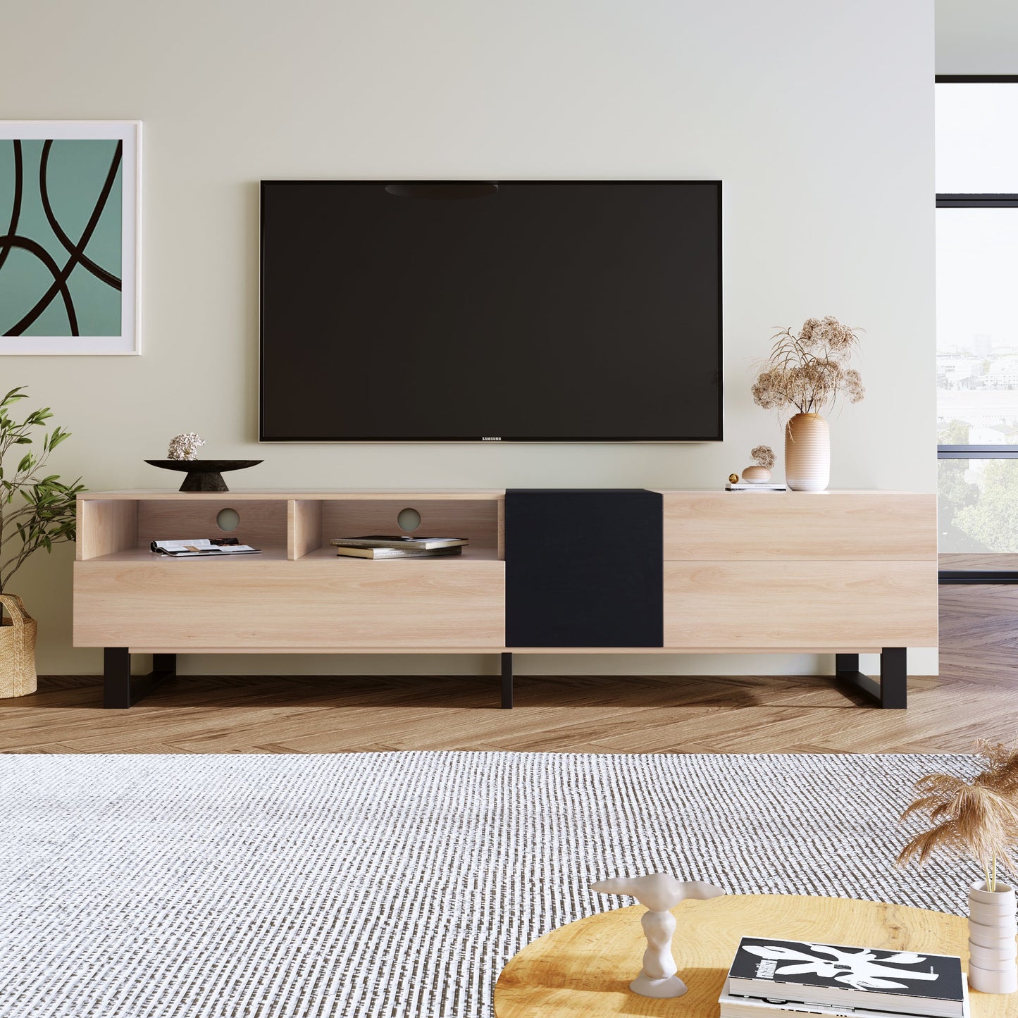 Modern TV Stand for 80'' TV with Double Storage Space, Media Console Table, Entertainment Center with Drop Down Door for Living Room, Bedroom, Home Theatre - DREAM YOUR HOUSE