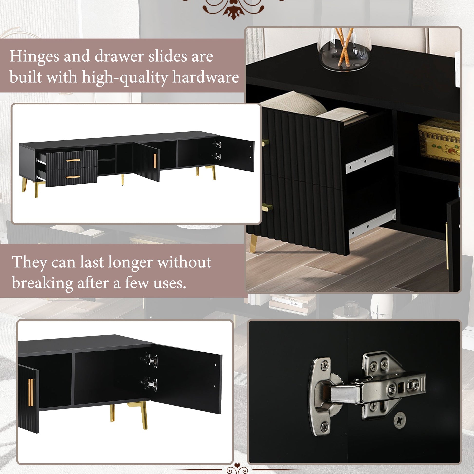 Modern TV Stand with 5 Champagne legs - Durable, stylish, spacious, versatile storage TVS up to 77\" - DREAM YOUR HOUSE