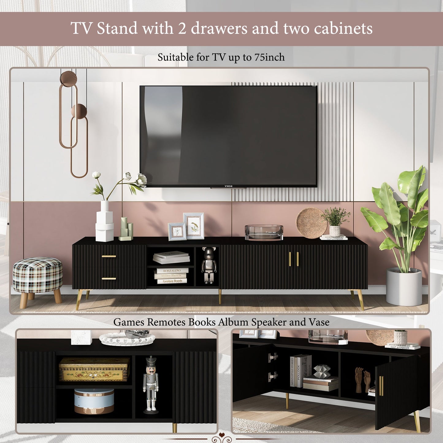 Modern TV Stand with 5 Champagne legs - Durable, stylish, spacious, versatile storage TVS up to 77\" - DREAM YOUR HOUSE