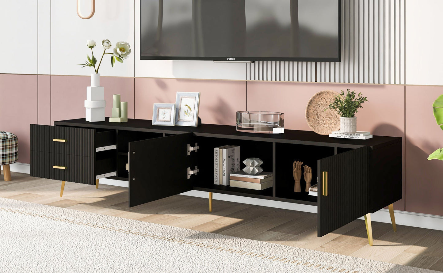 Modern TV Stand with 5 Champagne legs - Durable, stylish, spacious, versatile storage TVS up to 77\" - DREAM YOUR HOUSE