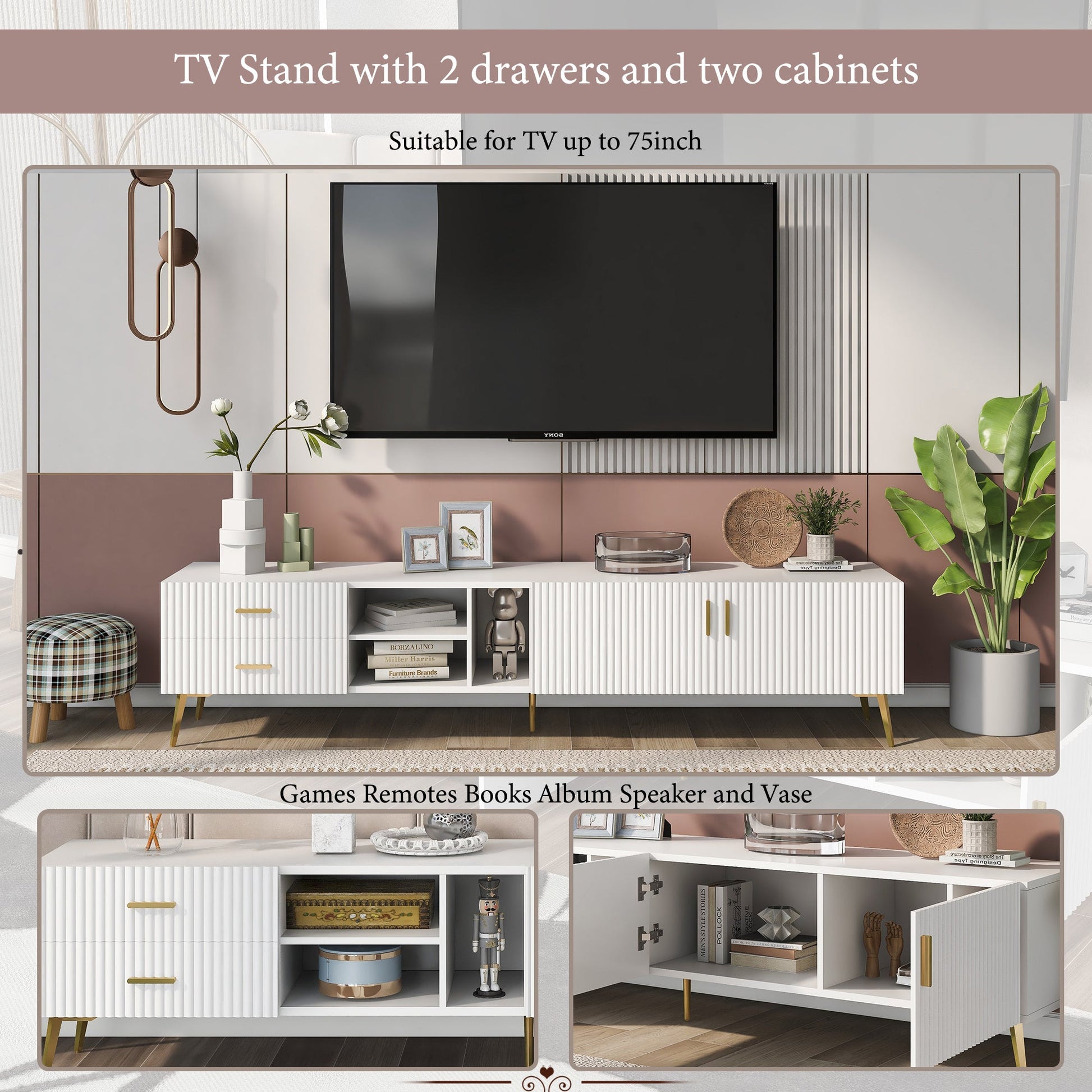 Modern TV Stand with 5 Champagne legs - Durable, stylish, spacious, versatile storage TVS up to 77\" - DREAM YOUR HOUSE