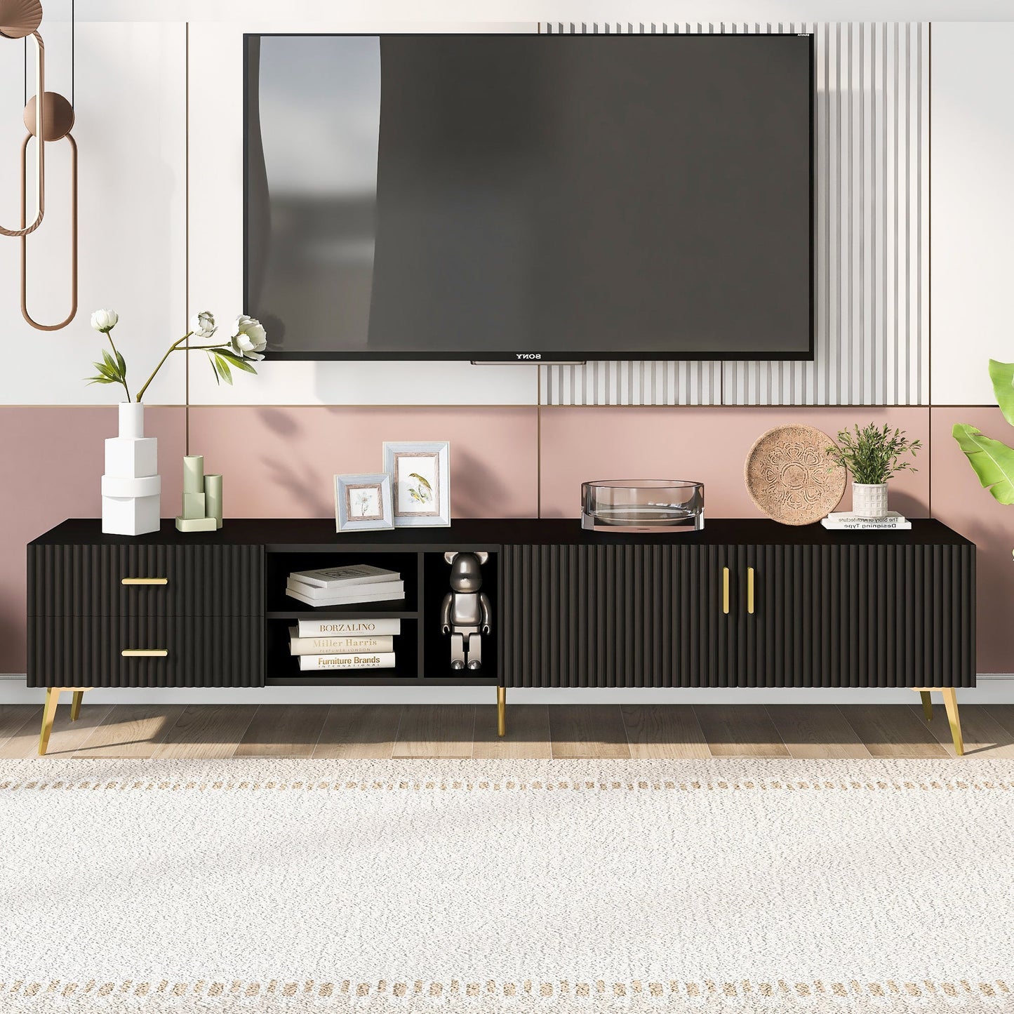 Modern TV Stand with 5 Champagne legs - Durable, stylish, spacious, versatile storage TVS up to 77\" - DREAM YOUR HOUSE