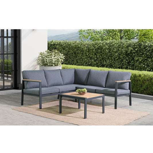 Outdoor 4 Piece Sectional Sofa,Matte Charcoal Aluminum Frame,Teak Finished - DREAM YOUR HOUSE