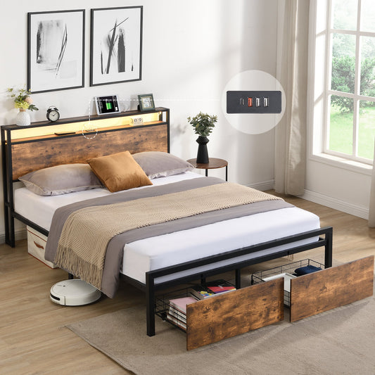 Queen Size Bed Frame with Storage Headboard and 2 Drawers, LED Lights Bed with Charging Station, Metal Platform Bed No Noise, Mattress Foundation Strong Metal Slats Support No Box Spring Needed - DREAM YOUR HOUSE