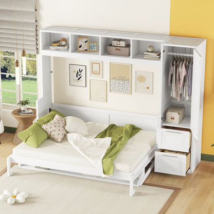 Queen Size Murphy Bed Wall Bed with Closet and Drawers,White - DREAM YOUR HOUSE