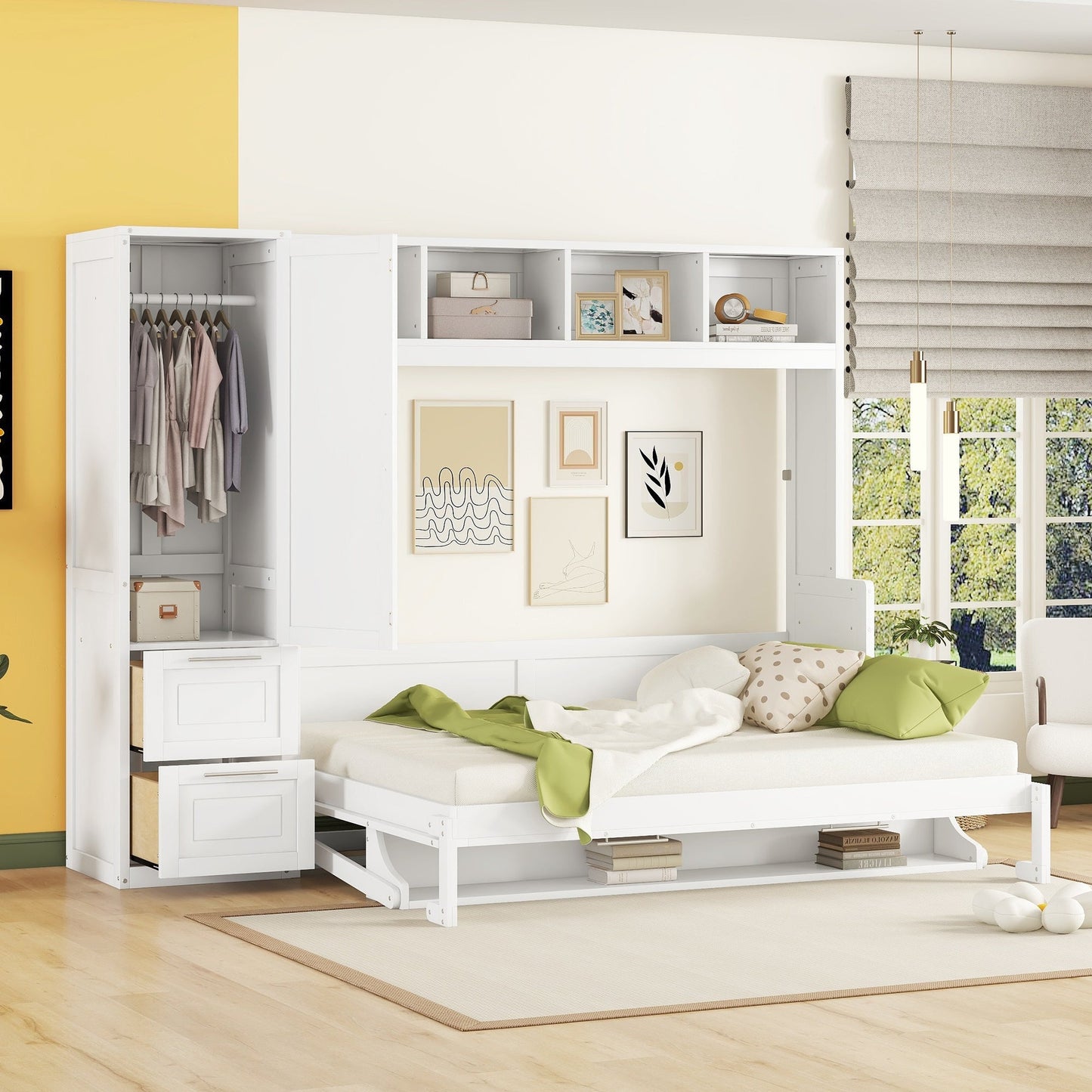 Queen Size Murphy Bed Wall Bed with Closet and Drawers,White - DREAM YOUR HOUSE