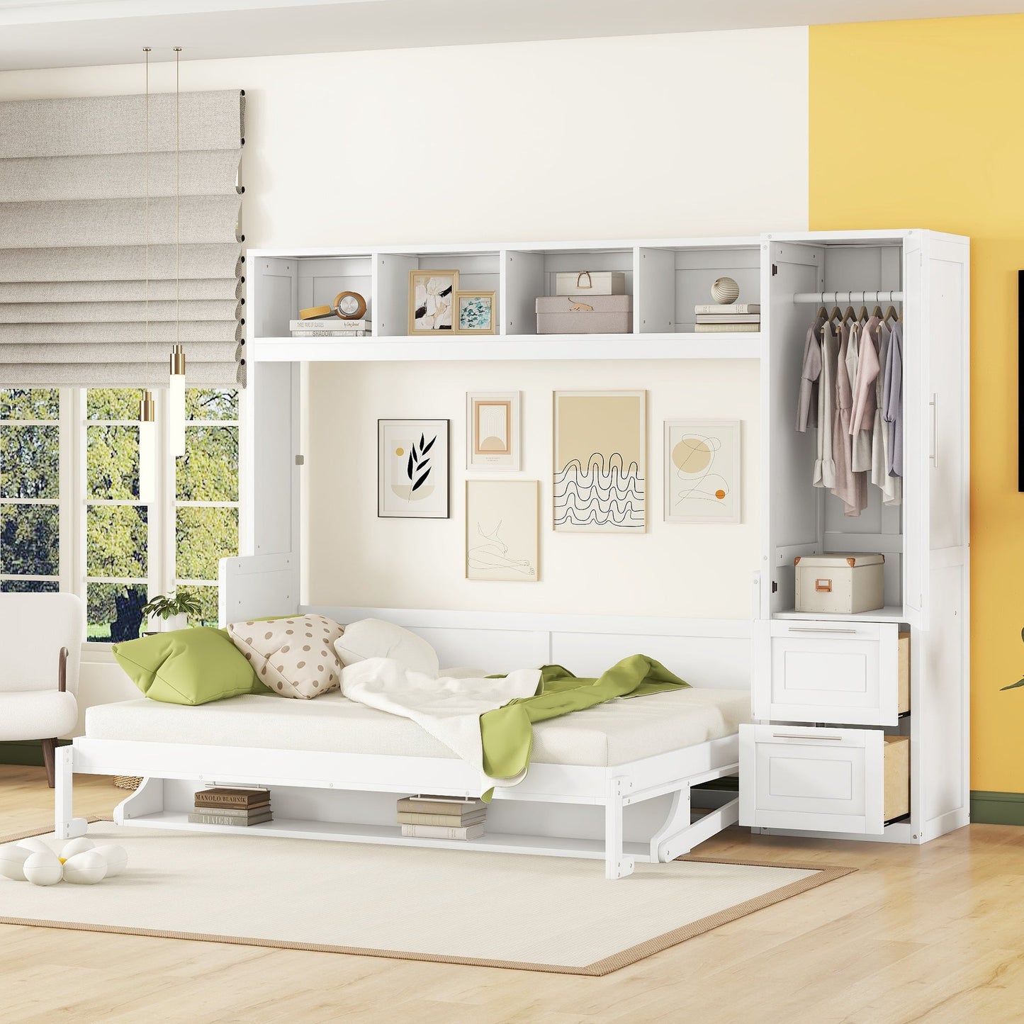 Queen Size Murphy Bed Wall Bed with Closet and Drawers,White - DREAM YOUR HOUSE