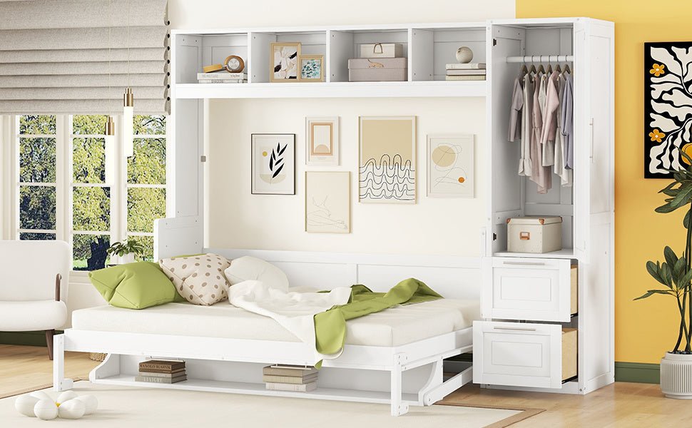 Queen Size Murphy Bed Wall Bed with Closet and Drawers,White - DREAM YOUR HOUSE