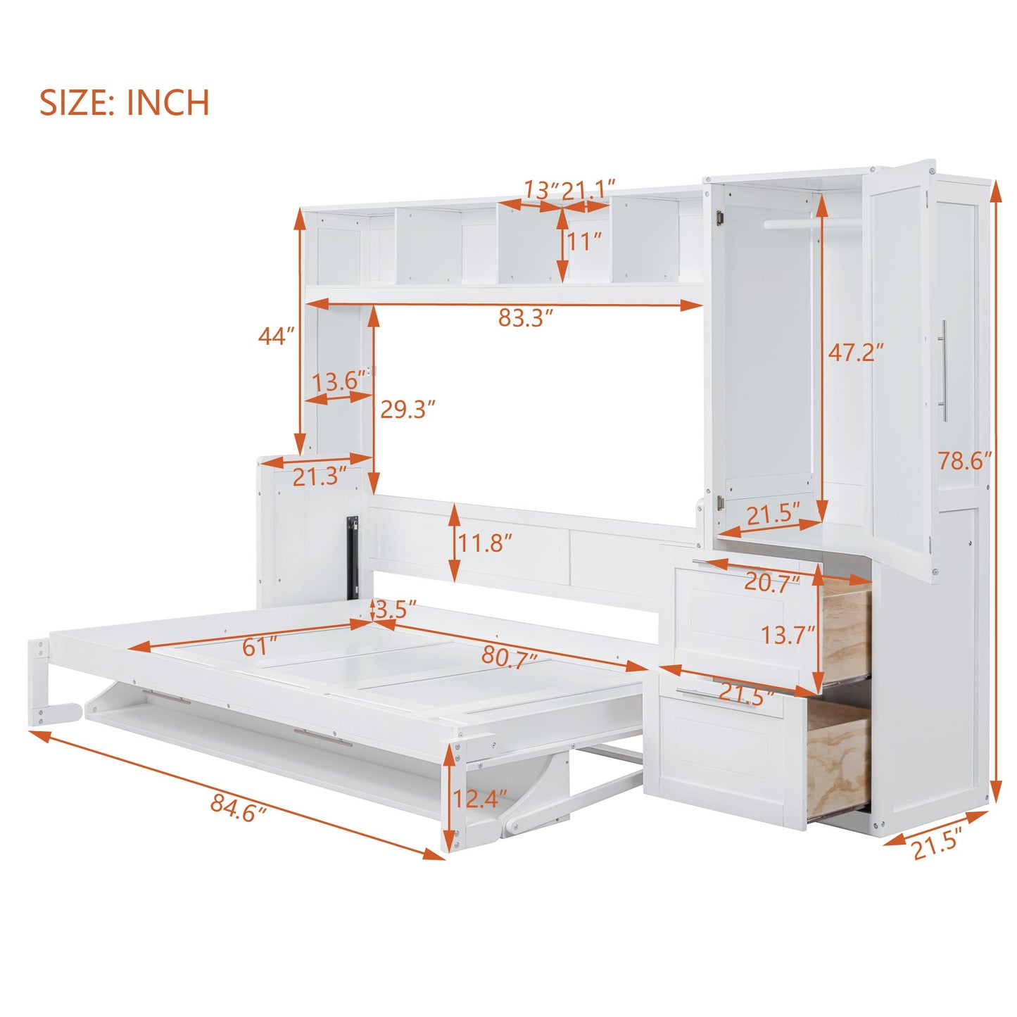 Queen Size Murphy Bed Wall Bed with Closet and Drawers,White - DREAM YOUR HOUSE